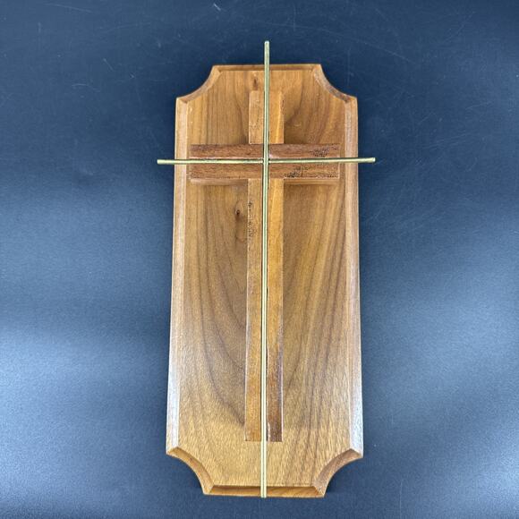 Vintage Cross Minimalist MCM Style Wood Brass Hanging Wall Plaque 11” - Picture 1 of 16